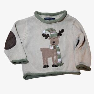 Bowen & Wright Tan Cotton Knit Sweater Applique Moose Elbow Pads‎ 12M
